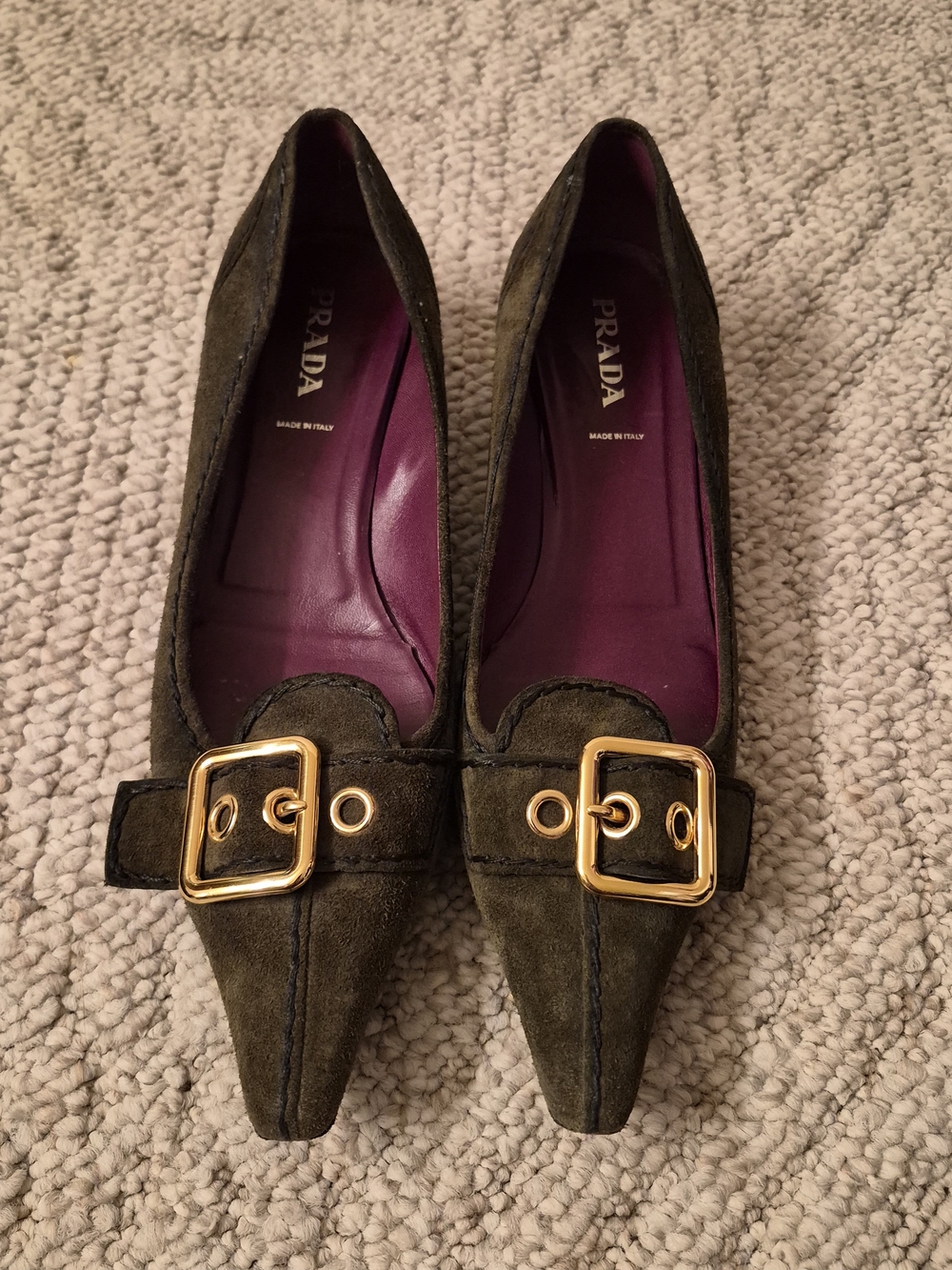 Prada Olive Suede Pointed Flats with Gold Buckle